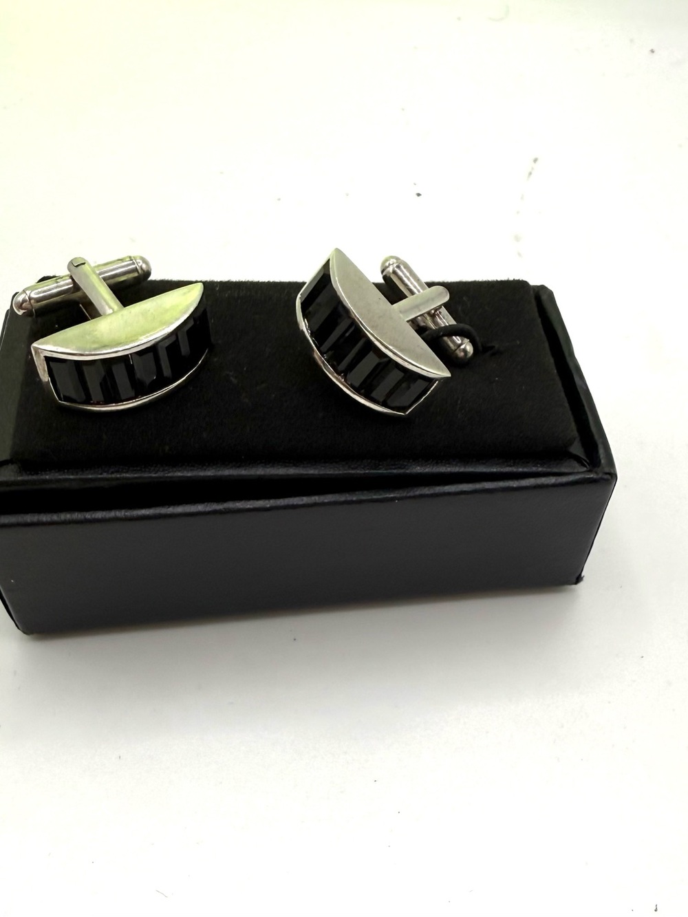 Tateossian Silver Cufflinks with Black Swavorski CrystalInset Semi-Curve Design